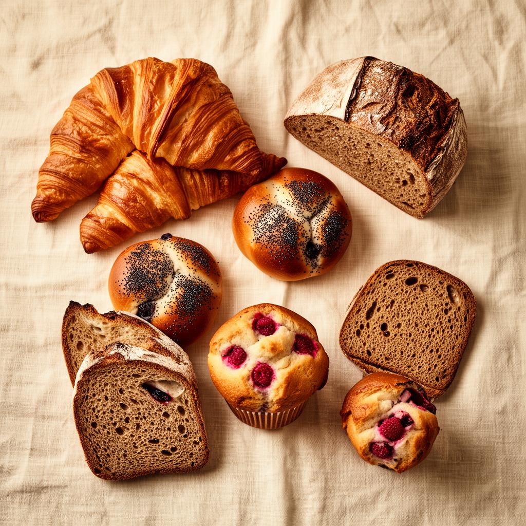 A spread of croissants, poppy-seed buns, rye bread and raspberry muffins